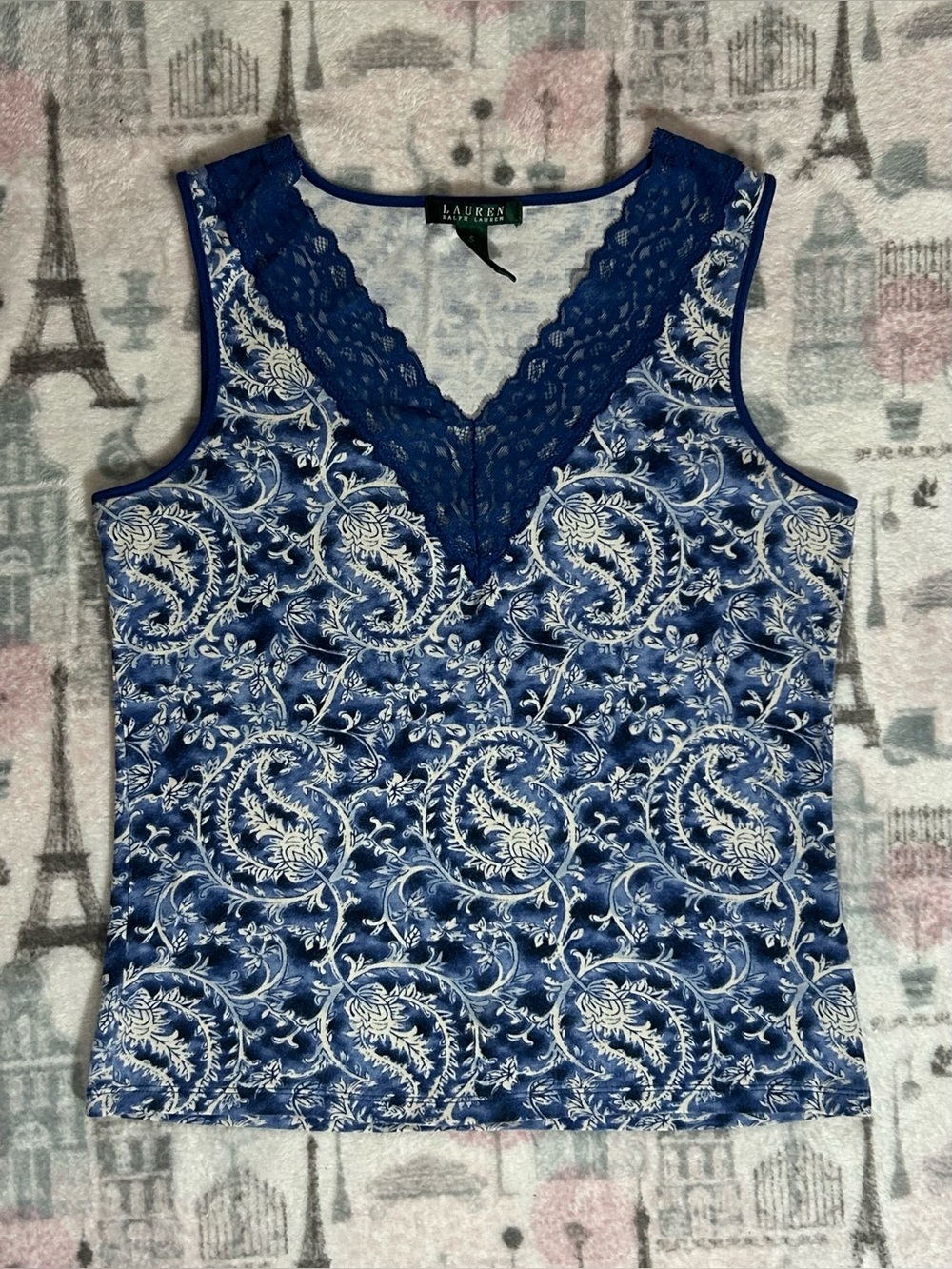 Lauren Ralph Lauren Blue and White Paisley V-Neck Tank with Lace-Trim